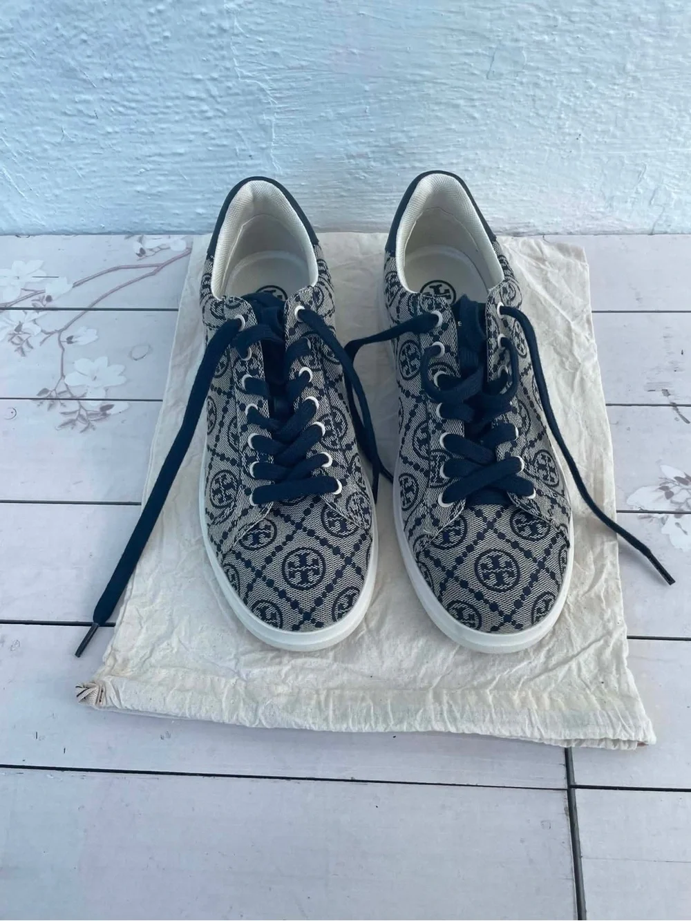 Tory Burch Navy Logo-Pattern Lace-Up Sneakers